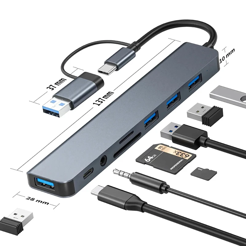 USB C 허브 USB 분배기 8 in 1 USB 확장기(4개의 USB 포트 포함) 1개의 USBC 포트 TF/SD 카드 리더기 MacBook와 호환되는 오디오 출력