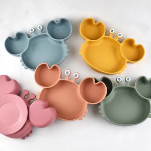 아기 안전 실리콘 식사 접시 흡입 만화 어린이 요리 먹이 유아 훈련 식기 어린이 만화 크랩 3 그리드 트레이