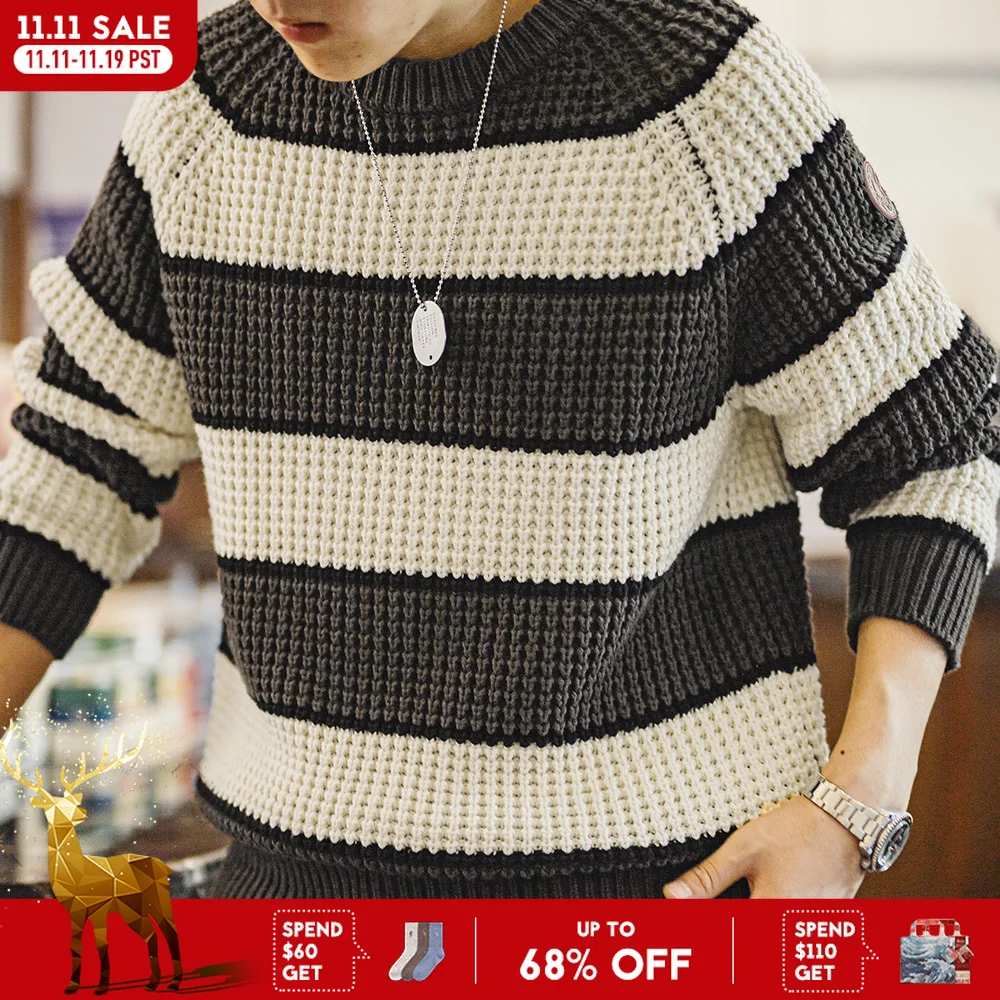 Maden 남성용 레트로 스트라이프 니트 스웨터, 라운드 넥, 다목적 풀오버, 따뜻한 니트 캐주얼 상의, 가을 및 겨울
