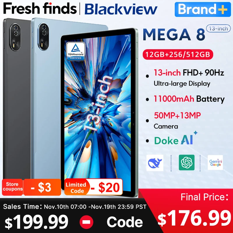 【세계 최초 공개】Blackview MEGA 8 태블릿 13인치 FHD+ 90Hz 디스플레이 11000mAh AI 안드로이드 15 50MP 카메라 4박스 스피커 4G 패드 PC