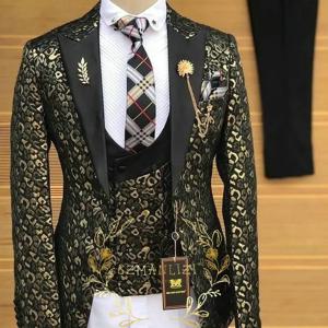 골드 레오파드 럭셔리 남성 정장 슬림 피트 피크 라펠 신랑 정장 턱시도 댄스 파티 3 Pcs 세트 비즈니스 남성 블레이저 의상 옴므
