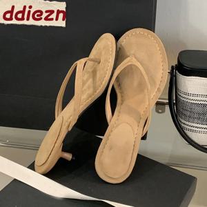 패션 라운드 발가락 여성 얇은 발 뒤꿈치 슬리퍼 슬라이드 여성 플립 플롭 샌들 봄 여름 숙녀 굽 슬리퍼 신발 펌프