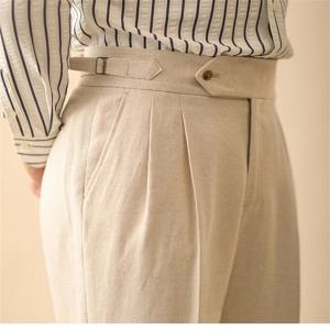 남성용 리넨 스트레이트 바지 여름 비즈니스 신사 나폴리 바지 파리 버클 드레이프 하이 웨이스트 바지 남성 정장 바지