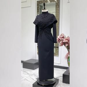 맞춤형 저지 크리스 크로스 라인 석 스트레이트 하이 칼라 미디 드레스 맞춤형 행사 복고풍 중국 스타일