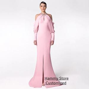 섹시한 인어 이브닝 드레스 vestidos de fiesta 맞춤형 홀터넥 긴 소매 버튼 핑크 댄스 파티 드레스 슬릿 파티 드레스