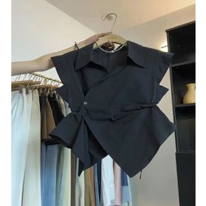 캐주얼 스타일 여성 민소매 셔츠 스탠드 칼라 언밸런스 웨이스트 타이드 탑 한국 버전 루즈핏 여름 신상품