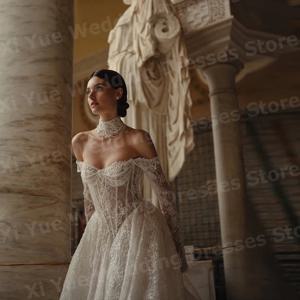 스파클링 라인 여성 웨딩 드레스 긴 소매 레이스 아플리케 로브 드 mariage 신부 가운 맞춤형 오프 숄더 베스 티드