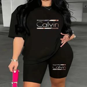 여성 여름 캐주얼 패션 칼빈 레터 프린트 루즈 라운드 넥 반팔 티셔츠 + 타이트 반바지 투피스 세트