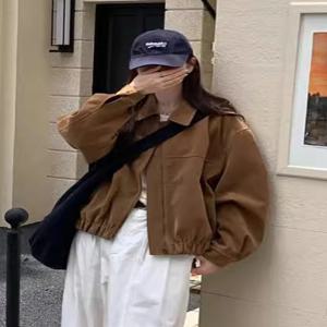 레트로 스타일 지퍼 긴 소매 라펠 코트 여성 캐주얼 루즈핏 스웨이드 벨벳 다용도 아우터웨어 봄 패션