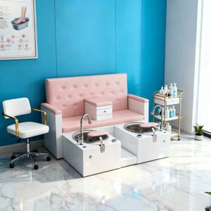 맞춤형 더블 핑크 페디큐어 의자 (2개의 세면대와 샤워기 포함, 중앙에 수납 공간 있음) 커플용