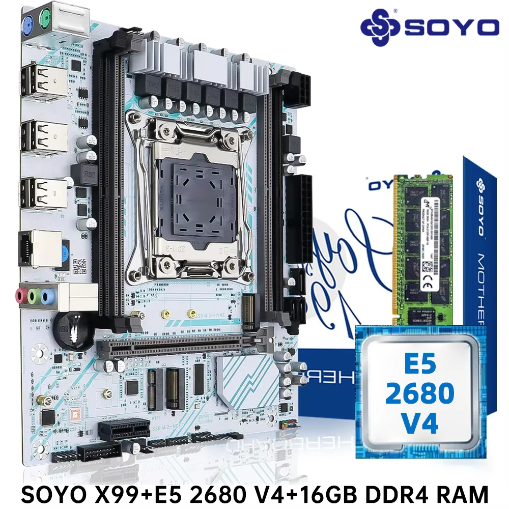 SOYO X99 마더보드 LGA 2011-3 세트 키트 Xeon E5 2680 V4 CPU 프로세서 16G=1*16G DDR4 REG ECC RAM 메모리 M.2 컴퓨터용