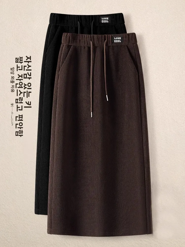 레트로 코듀로이 미디 스커트 여성용 2025년 신상 가을 겨울 하이웨이스트 슬림핏 스몰 사이즈 스트레이트 레그 원스텝 스커트