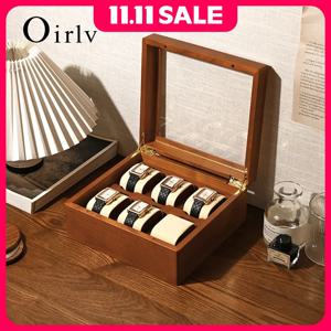 Oirlv 나무 시계 보관 상자 섬세한 방진 유리 커버 시계 상자 손목 시계 컬렉션 상자 디스플레이 스토리지 6 그리드 시계 상자