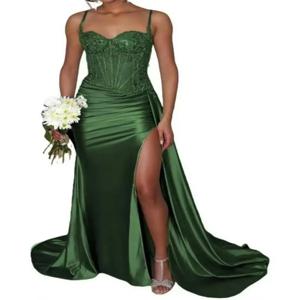 A9 그린 신상 롱 스플릿 이브닝 가운 트레인 포함 여성 파티 볼 미드 웨이스트 폴리에스터 민소매 여름 2025