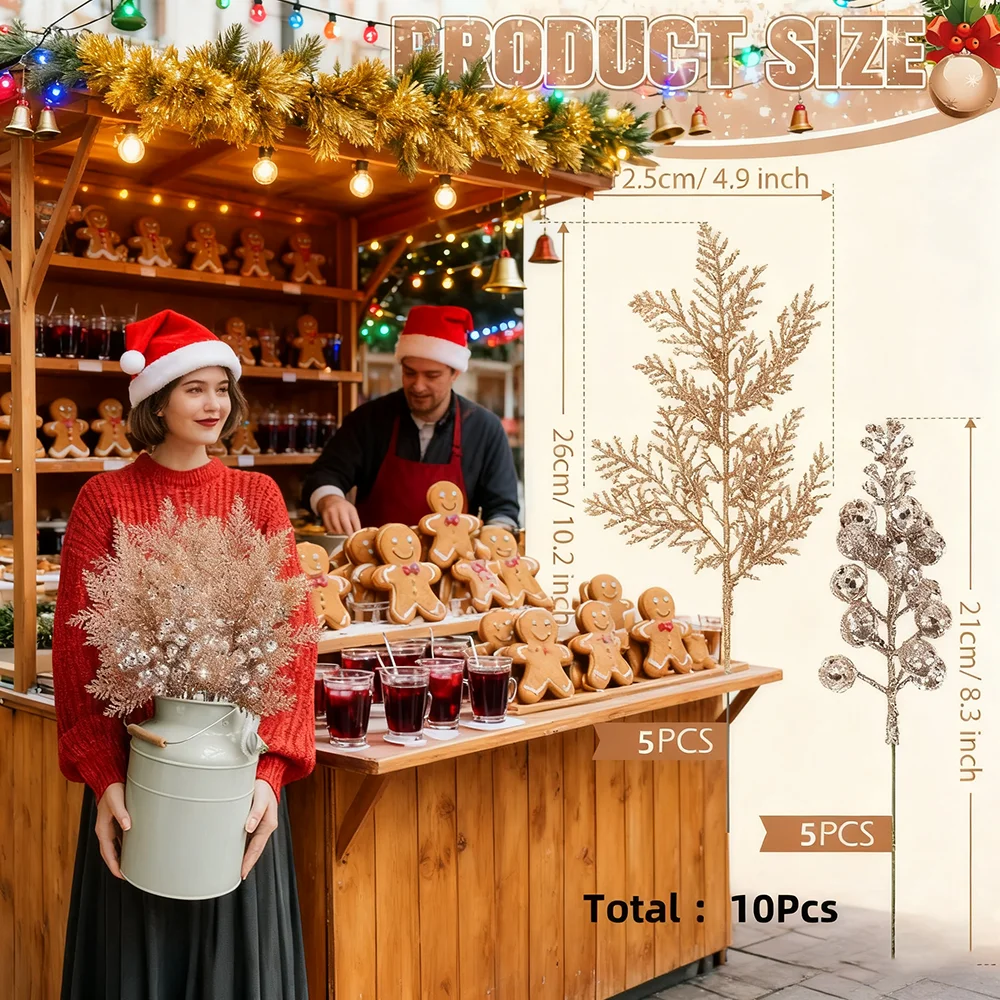 반짝이는 줄기가 있는 인공 베리 부케, 소나무 바늘 크리스마스 장식, 크리스마스 트리 장식품, DIY 화환 선물 액세서리