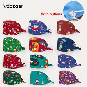 버튼 포함 산타 클로스 프린트 모자, 조절 가능한 스크럽 캡, 미용실 간호 모자, 실험실 액세서리, 크리스마스 스크럽 모자