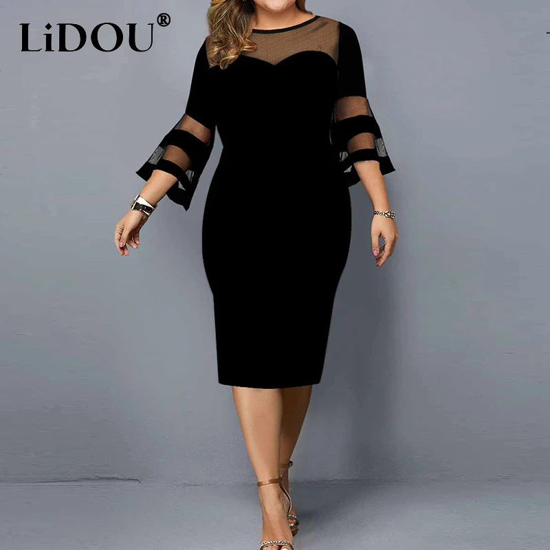 봄 여름 우아한 패션 레이스 패치 워크 플러스 사이즈 드레스 여성 섹시한 메쉬 저녁 파티 Vestidos Solid Bodycon Robe Femme