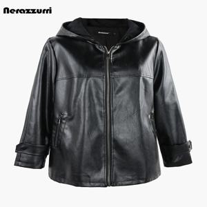 Nerazzurri 봄 가을 블랙 방수 경량 부드러운 PU 가죽 재킷, 후드 지퍼, 루즈 캐주얼 의류 2023