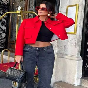 여성용 플랩 크롭 블레이저 코트 빈티지 긴 소매 스냅 버튼 여성 아우터웨어 시크 탑