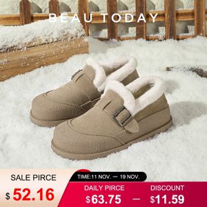 BEAUTODAY 여성용 겨울 신발, 암소 스웨이드 라운드 토 버클 디자인, 따뜻한 짧은 봉제 숙녀 플랫 슈즈, 수제 22814