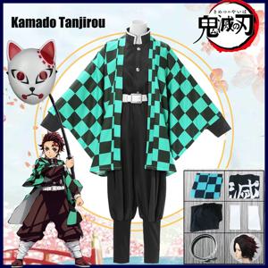 Tanjirou Kamado 코스프레 의상 애니메이션 악마 슬레이어 Kimetsu No Yaiba 성인용 의류 어린이 유니폼 세트 파티 선물 가발 마스크 기모노