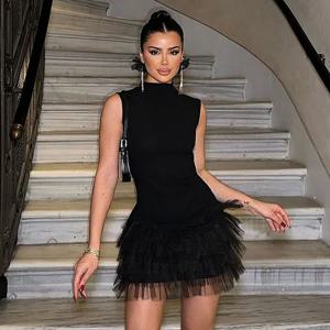 여성용 블랙 민소매 메쉬 패치워크 미니 이브닝 무도회 드레스, 섹시한 바디콘 슬림 원피스, 2024 파티 스트리트웨어, 여름