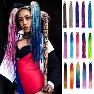 컬러풀 땋은 포니테일 합성 헤어 익스텐션, 여성용 소녀용 탄성 밴드, 레인보우 컬러 땋은 포니 테일, 24 인치