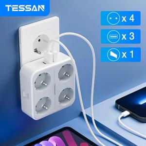 TESSAN USB 벽면 소켓 확장기(AC 콘센트 4개 + USB 포트 3개 5V 2.4A 어댑터 홈 오피스용 7-in-1 플러그 소켓 켜기/끄기 스위치)
