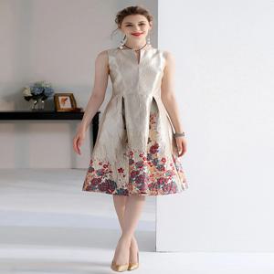 럭셔리 여성 패션 하이 퀄리티 자카드 A 라인 볼 가운, 민소매 여름 캐주얼 의류, 미디 팜므 파티 드레스