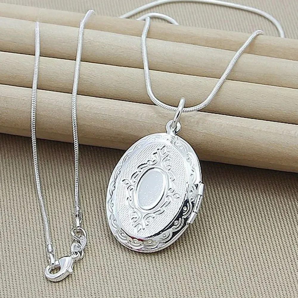 925 스털링 실버 타원형 사진 액자 펜던트 목걸이 18/20-28/30 인치 스네이크 체인 여성 남성 웨딩 주얼리