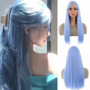 바다 블루 컬러 합성 가발 중간 부분 긴 자연 물결 모양의 머리 가발 여성용 코스프레 드래그 퀸 파티 내열성