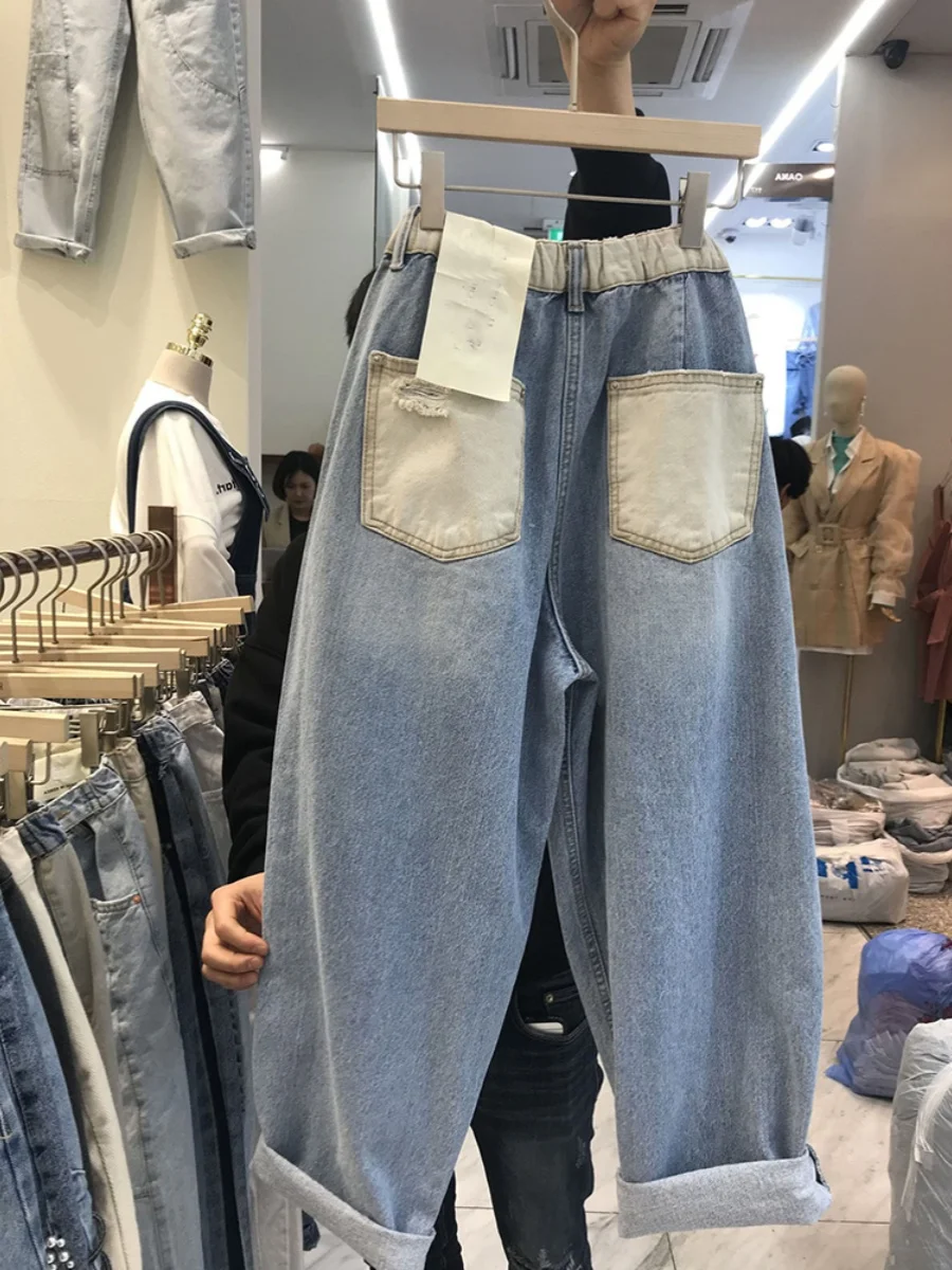 루즈핏 여성용 플러스 사이즈 가을 겨울 하이웨이스트 스트레이트 진 슬림 와이드 팬츠 통통한 여성을 위한 바지