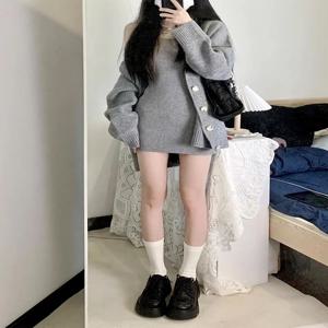 그레이 레이지 스타일 스웨터 스트랩 바디콘 드레스 투피스 세트 여성용 가을 신상 스몰 사이즈 티 시스템 의류 캐주얼 니트 드레스