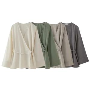 MUJER 기모노 여성 여름 긴팔 블라우스 여성용 2025 빈티지 Y2k 타이 루즈핏 우아하고 젊은 여성 블라우스
