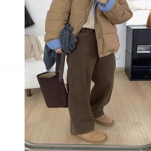 여성용 하이웨이스트 와이드 레그 슬림핏 데님 팬츠 커피색 레트로 스타일 루즈 스트레이트 튜브 바지 가을 신상품