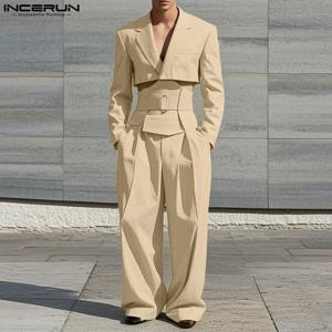 INCERUN 남성용 캐주얼 스타일 세트, 크롭 허리띠 디자인, 세트 와이드 레그 롱 팬츠, 잘 생긴 남성 솔리드 세트, 2 피스 S-5XL