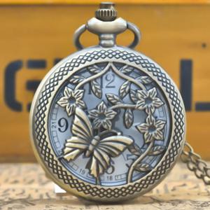 빈티지 청동 Steampunk 나비 컷 아웃 조각 석영 주머니 시계 목걸이 펜던트 시계 체인 남성 여성 체인 선물