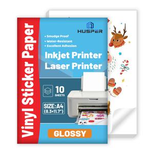 10매 광택 흰색 비닐 스티커 시트 - A4 크기(8.3 x 11.7인치), 자체 접착식, 방수, 잉크젯 및 레이저 인쇄