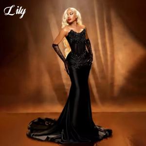 릴리 블랙 우아한 인어 이브닝 드레스 반짝 이는 장식 조각 비즈 장식 댄스 파티 드레스 Pleating 파티 공식 가운 가운 드 발 맞춤형