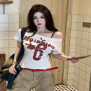 레트로 아메리칸 반팔 티셔츠 여성 여름 디자인 스파이시 걸 슬림핏 어깨 노출 크리에이티브 패턴 한국 스타일 면 혼방