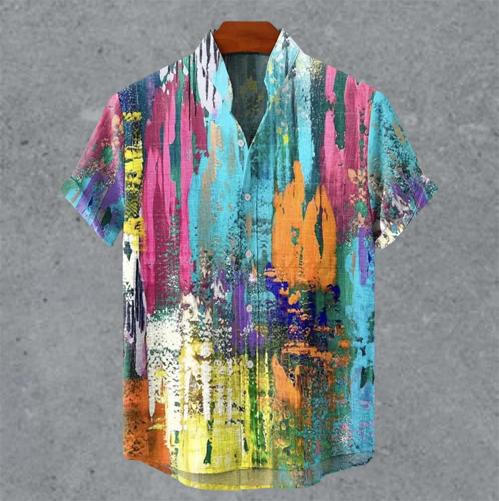 얼룩덜룩한 표시가 있는 아트 레트로 빈티지 남성용 셔츠, 스탠딩 칼라 프린트 반소매 셔츠, 캐주얼하고 편안한 탑 S-5XL
