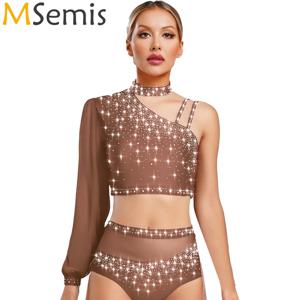 여성 현대 발레 댄스 탑 체조 서정적 댄스 레오타드 의상 쉬어 메쉬 긴 소매 반짝 이는 라인 석 크롭 탑