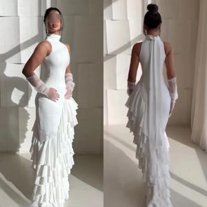 맞춤형 현대 스타일 Pastrol 쉬폰 셔링 프릴 계층화 된 인어 스쿠프 넥 롱 드레스 맞춤형 행사 드레스 절묘한