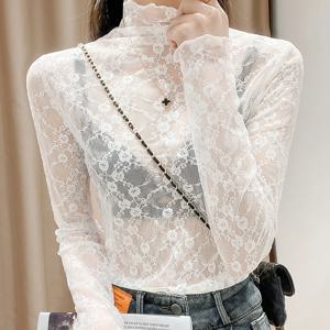 화이트 레이스 베이스 셔츠 여성용 봄 여름 패셔너블한 시스루 메쉬 탑 하이 칼라 긴팔 슬림핏 셔츠
