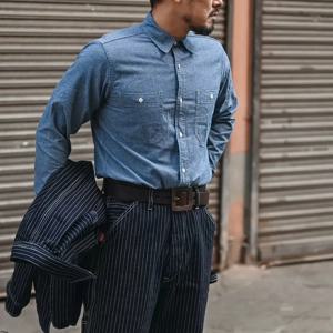 재고 없음 클래식 샴브레이 셔츠 봄 남성용 투포켓 워크셔츠 라이트 블루