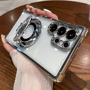 삼성 갤럭시 S25 S24 S23 S22 S20 FE 노트 20 울트라용 마그네틱 도금 스탠드 브래킷 케이스, 충격 방지 킥스탠드 백 커버