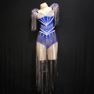 여름 서스펜더 태슬 블루 화이트 걸 그룹 무대 공연 의상 재능 라이브 학교 축하 레드 카펫 패션쇼 이브닝드레스