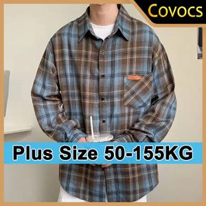 남성 플러스 사이즈 체크 셔츠 캐주얼 루즈 칼라 긴팔 셔츠 포켓 스프링 가을 남성 의류 50-155KG