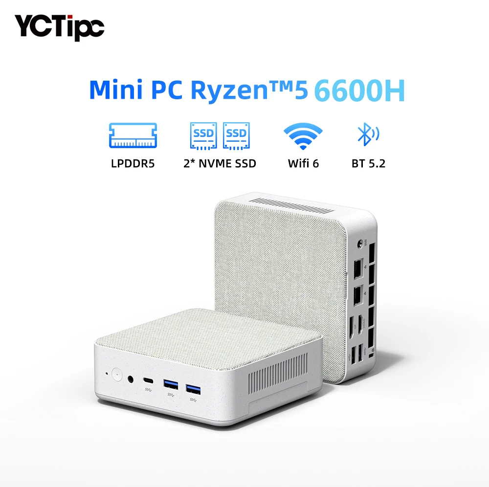 YCTipc 미니 PC AMD R5 6600H 6 코어 12 스레드 컴퓨터 16GB DDR5 512GB PCIe 3.0 SSD WiFi 6 BT5.2 미니 PC 데스크탑 컴퓨터