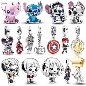 디즈니 핑크 & 블루 스티치 참 비즈, 925 실버 참, 여성용 팔찌, 뱅글, 목걸이에 맞는 고급 DIY 쥬얼리 파티 선물